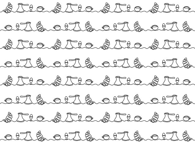 원활한 패턴 아침 식사 세트 크루아상 터크 커피 차 반숙 계란 연속 한 선 그리기