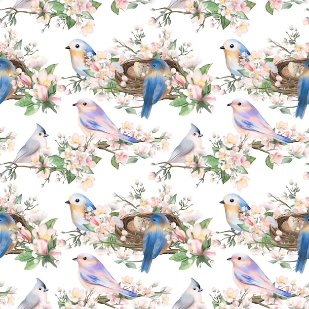 Seamless pattern of bright birds and nests on the spring apple tree branches