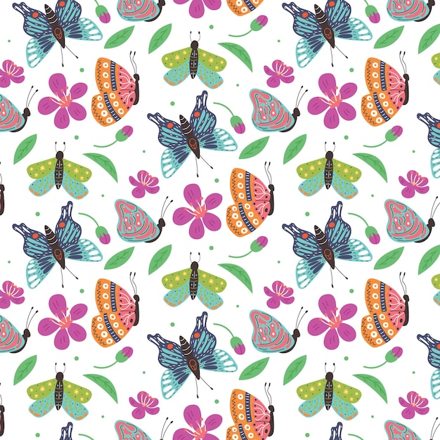 Seamless pattern bright butterflies leaf flowers