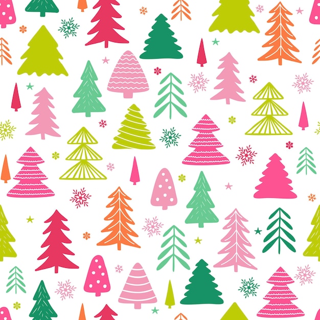 Seamless pattern of bright Christmas trees and snowflakes