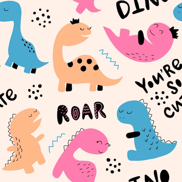 Seamless pattern bright dinosaurs with lettering vector illustration in flat style text of roar dino you're so cute