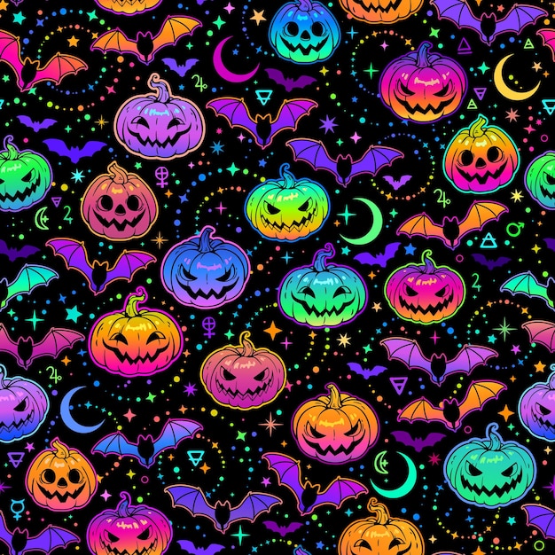 Vector seamless pattern of bright multicolored haloween pumpkins and bats