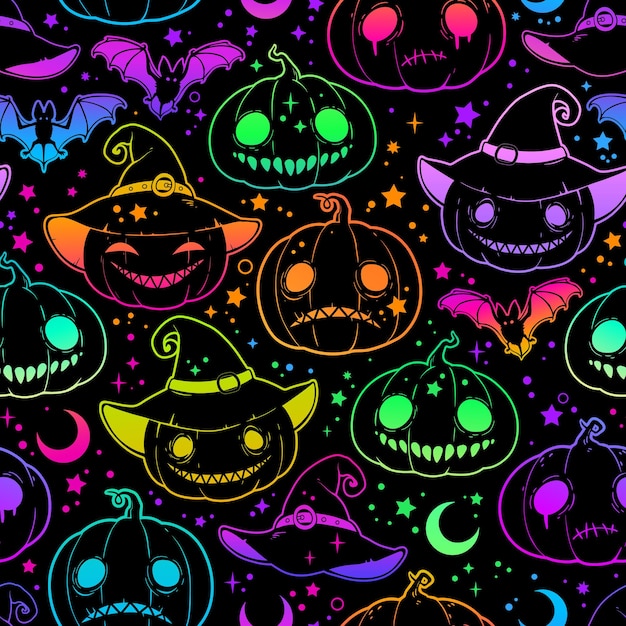 Seamless pattern of bright multicolored haloween pumpkins and flying bats