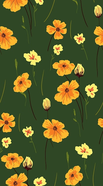 완벽 한 패턴입니다. 꽃이 만발한 초원, 다양한 꽃과 식물이 녹색 배경에 있는 밝은 패턴입니다. 벡터 일러스트 레이 션.