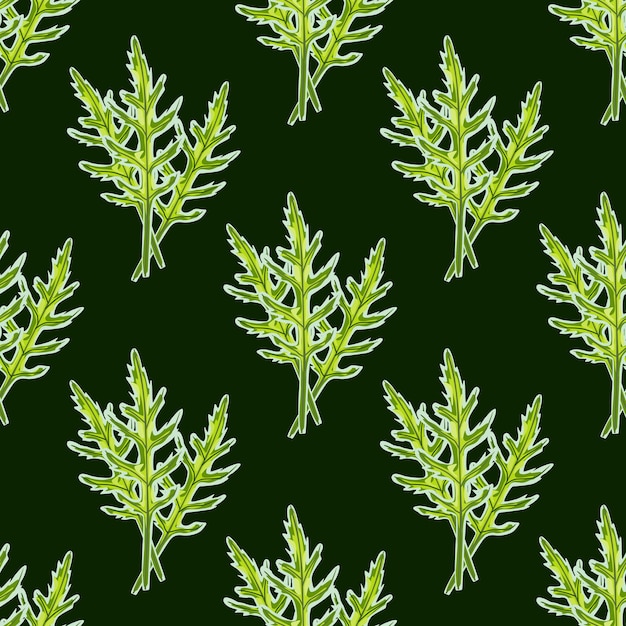 Seamless pattern bunch arugula salad dark on background. Modern ornament with lettuce.