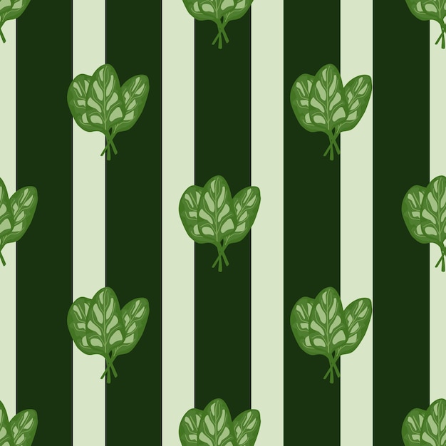 Seamless pattern bunch spinach salad on green striped background. Simple ornament with lettuce.