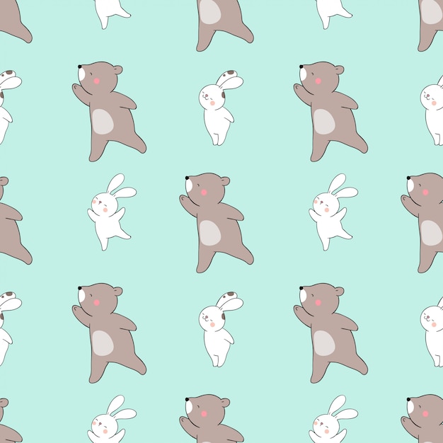 Seamless pattern bunny and bear on green pastel.