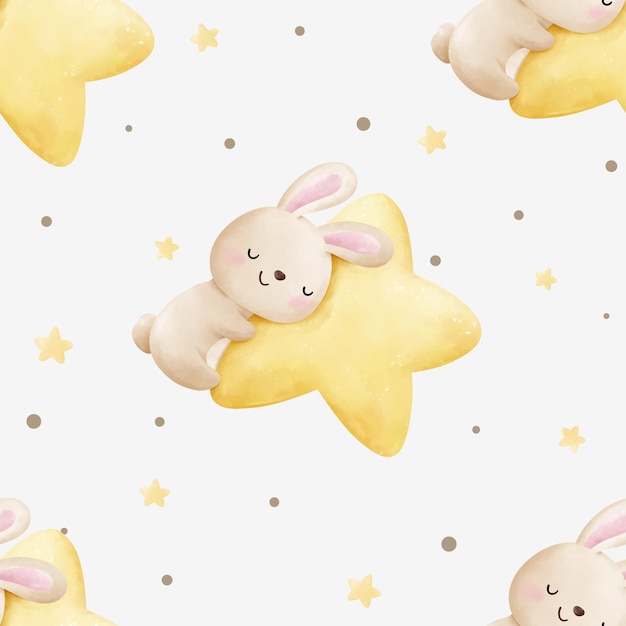 Vector seamless pattern bunny boy with cute star fabric textiles nursery clothing kids watercolor style