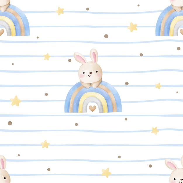 Vector seamless pattern bunny boy with rainbow fabric textiles nursery clothing kids watercolor style