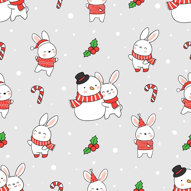 Seamless pattern bunny with snowman for Christmas and winter