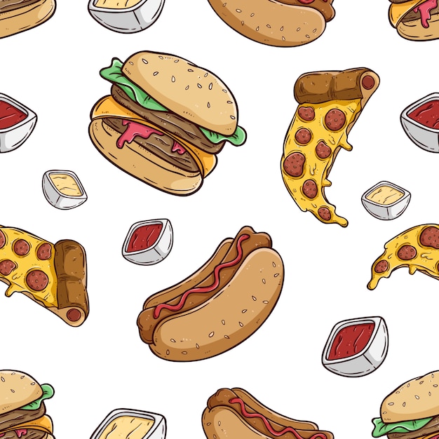 seamless pattern of burger pizza and hotdog with colored hand drawn style