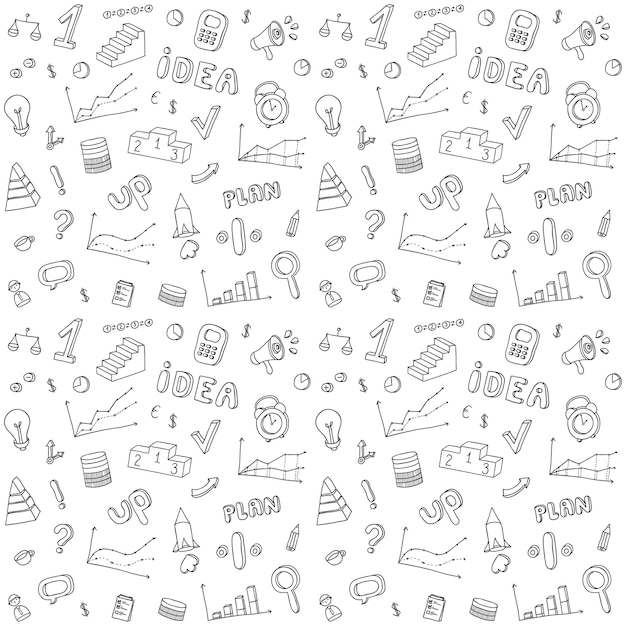 Seamless pattern of business and finance hand drawn infographic design elements.