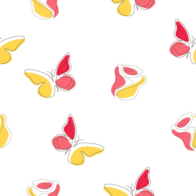 Vettore seamless pattern farfalla e rosa su sfondo bianco