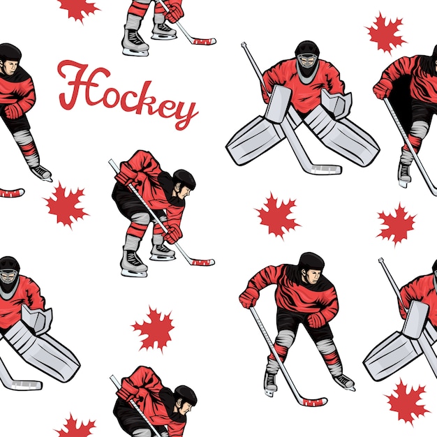 Vector seamless pattern by canadian hockey players and maple leaves.