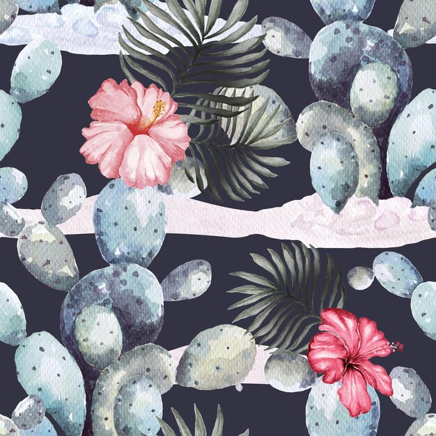 Seamless pattern cactus and hibiscus painted with watercolors for design of wallpaper and fabric