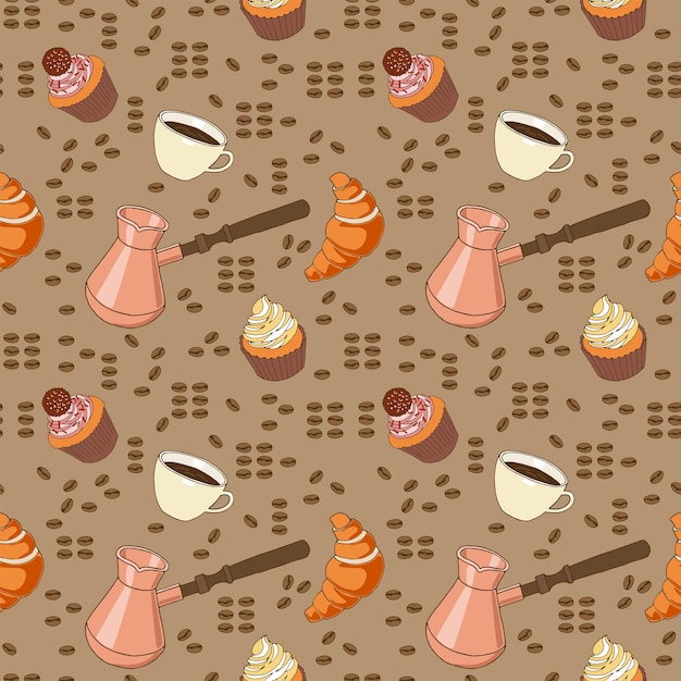 Seamless pattern cake gezva coffee makercup of coffee mug croissant