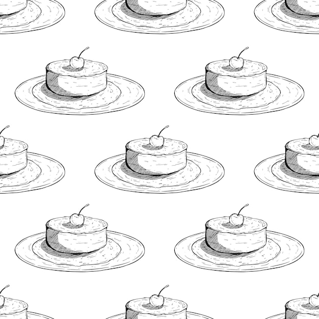 Modello senza cuciture di budino di torta sul piatto con stile di disegno a mano