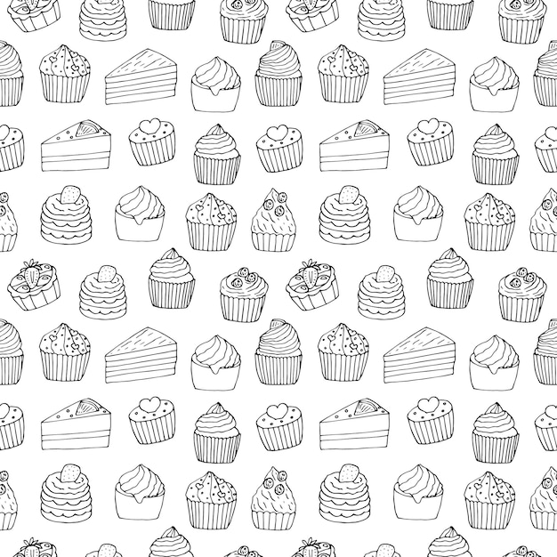 Vettore modello senza cuciture torte cupcakes e pezzi illustrazione vettoriale scarabocchi di disegno a mano