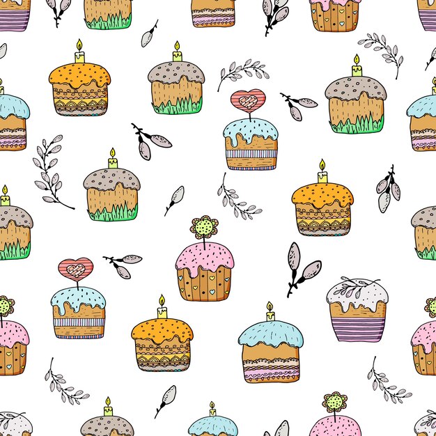 Seamless pattern of cakes and twigs Drawing in a vector by hand