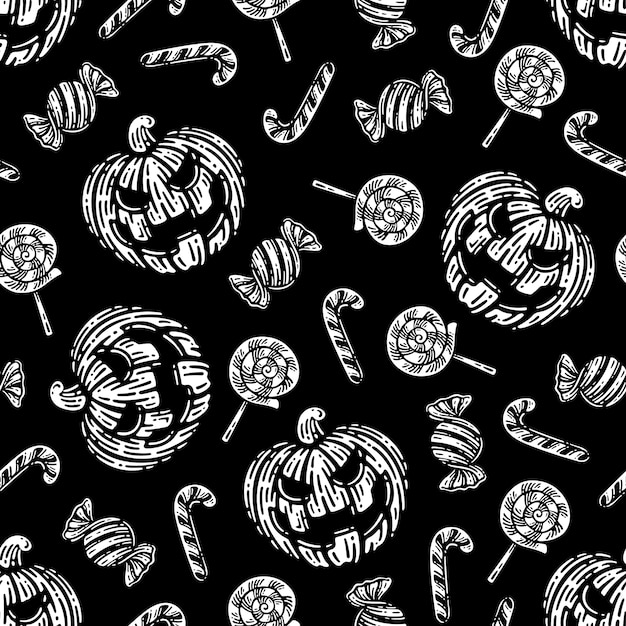 Seamless pattern of candy cane and pumpkins