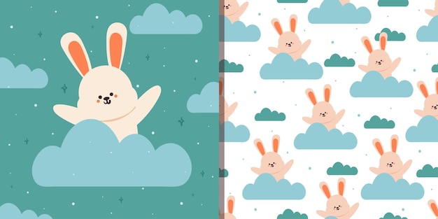 seamless pattern and card hand drawing cartoon bunny on the clouds cute animal card and pattern