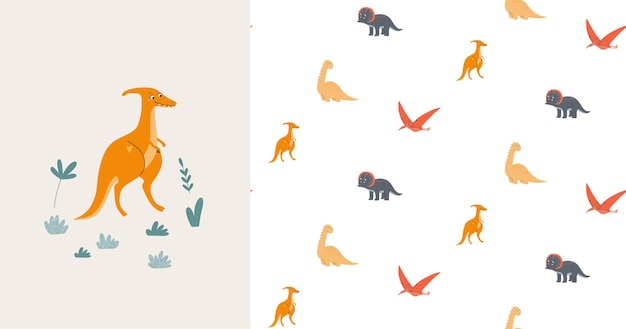 Seamless pattern and card with cute dinosaurs. Prehistoric era. Children's illustration. 