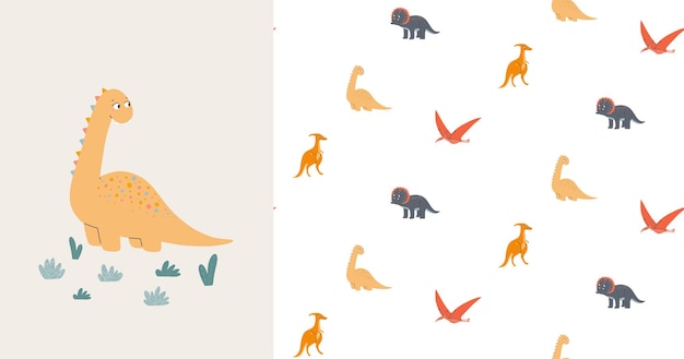 Seamless pattern and card with cute dinosaurs. Prehistoric era. Children's illustration.