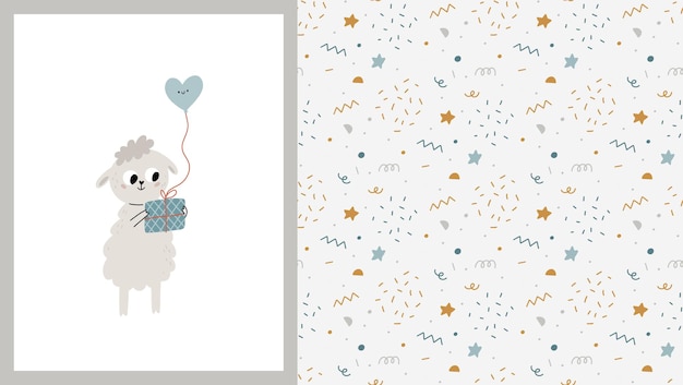 Seamless pattern and card with cute little sheep with gift box and balloon Childrens illustration