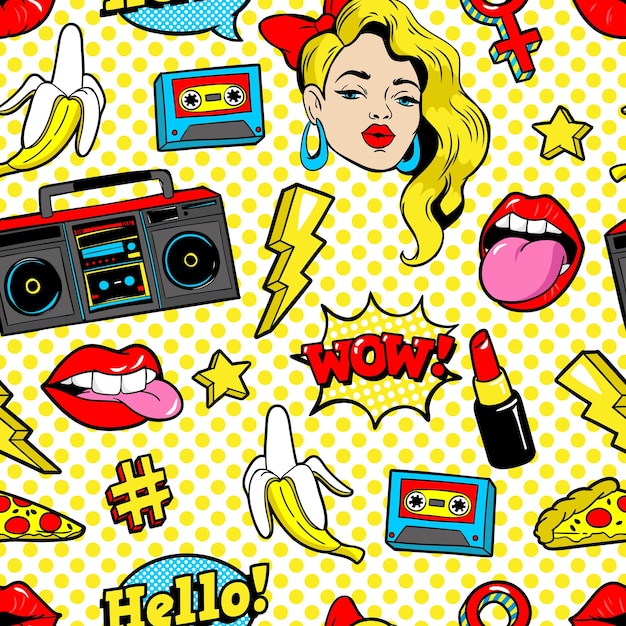 Vector seamless pattern in cartoon 80s90s comic style