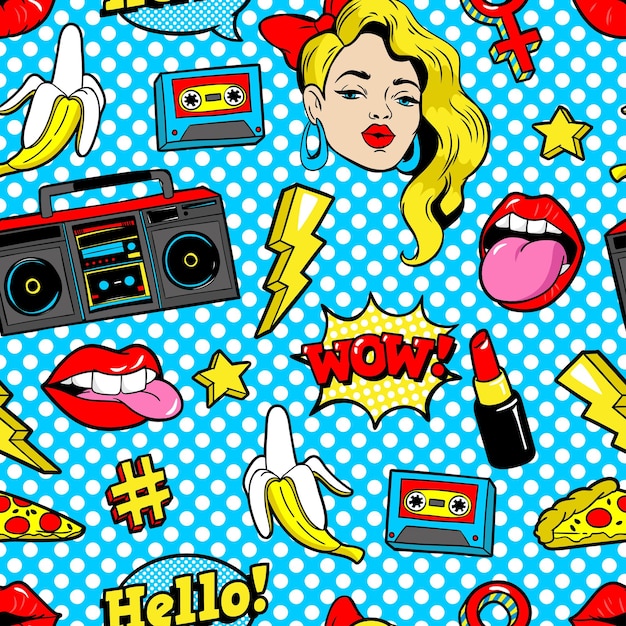 Vector seamless pattern in cartoon 80s90s comic style