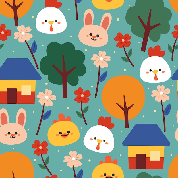 seamless pattern cartoon animal and plant