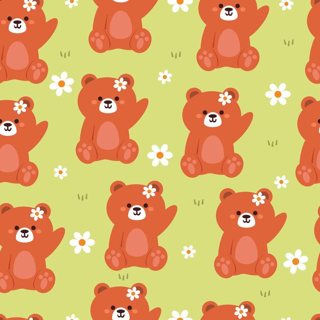 Vector seamless pattern cartoon bear cute animal wallpaper with flower illustration for gift wrap paper