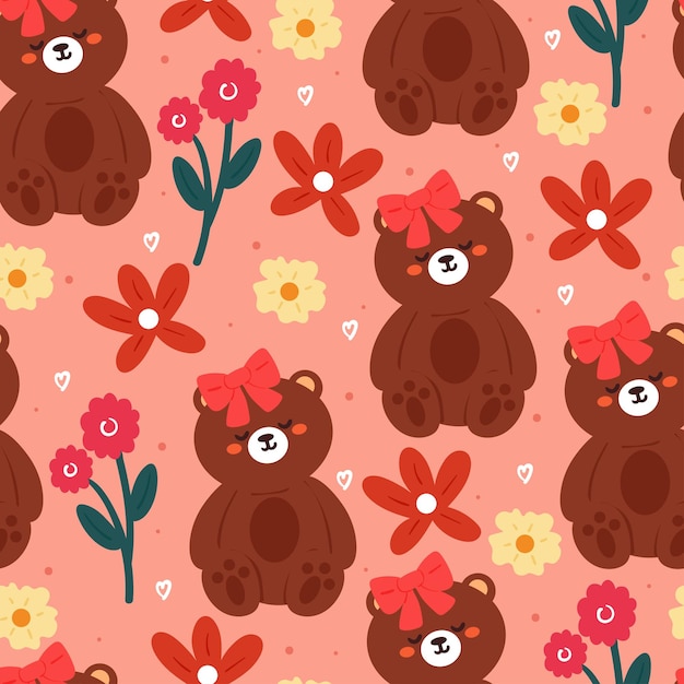 бесшовный рисунок мультфильм медведь и цветок на розовом фоне