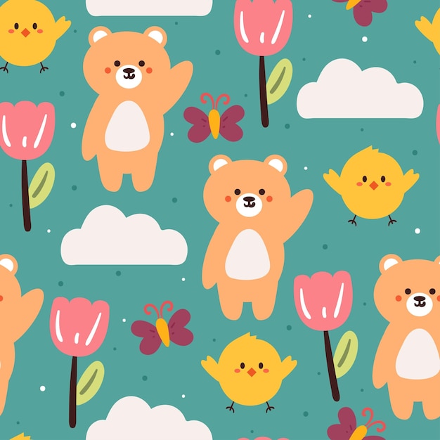 Seamless pattern cartoon bear and plant