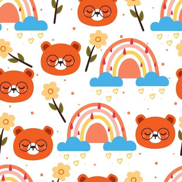 seamless pattern cartoon bear with rainbow and flower cute animal and sky element wallpaper