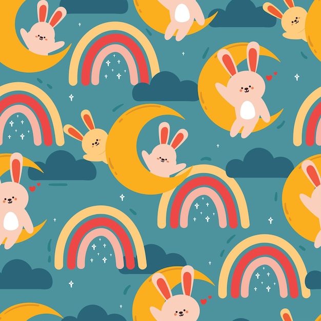 Vector seamless pattern cartoon bunny flower and sky element cute animal wallpaper for textile