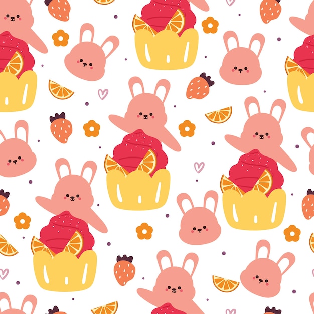 Vector seamless pattern cartoon bunny and food character cute animal wallpaper for textile