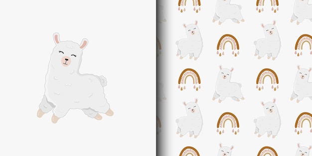 Modello senza cuciture e carta cartone animato per bambino con simpatico lama e arcobaleno sfondo vettoriale alpaca