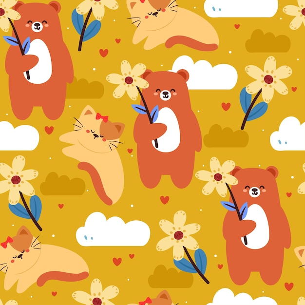 seamless pattern cartoon cat and bear holding a flower and sky element cute animal wallpaper