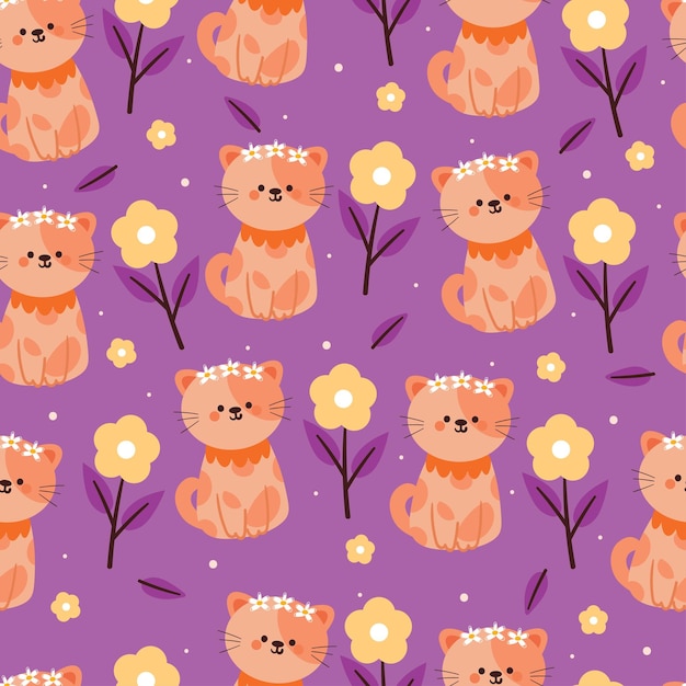 Vector seamless pattern cartoon cat and flower cute animal wallpaper for textile gift wrap paper