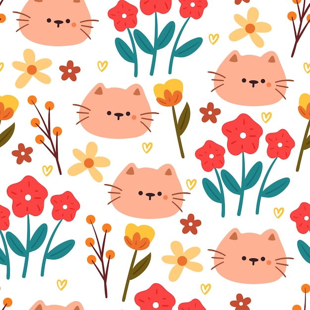 Seamless pattern cartoon cat and flower cute animal wallpaper for textile gift wrap paper