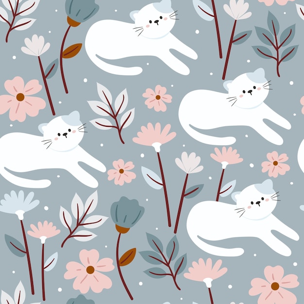 Seamless pattern cartoon cat and flower