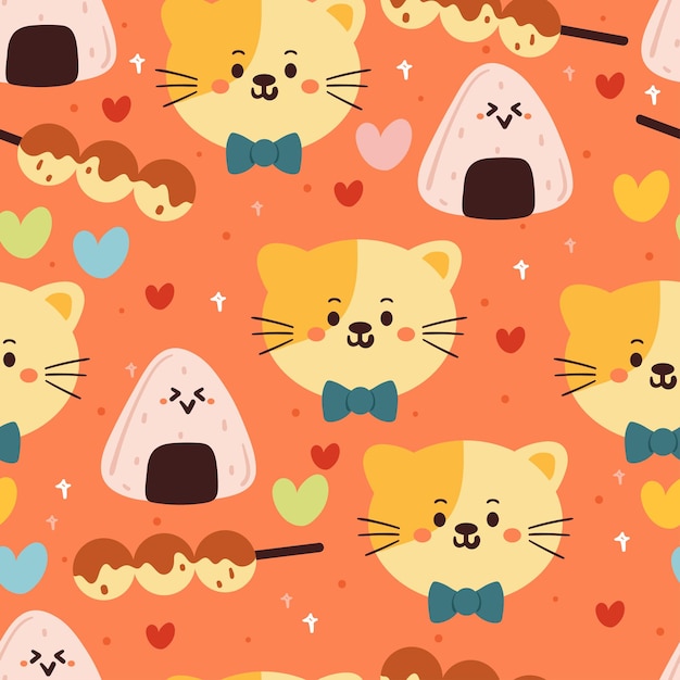 seamless pattern cartoon cat onigiri and takoyaki character in orange background cute wallpaper