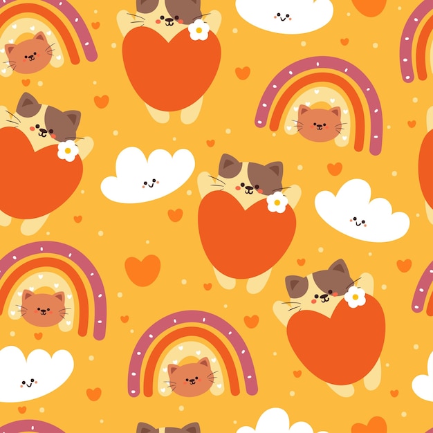 seamless pattern cartoon cat orange heart and sky element cute animal wallpaper for textile