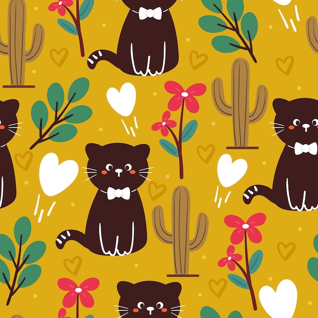 seamless pattern cartoon cat and plant cute animal drawing for fabric print textile