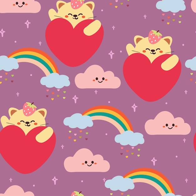 seamless pattern cartoon cat with heart shape rainbow and clouds in purple background