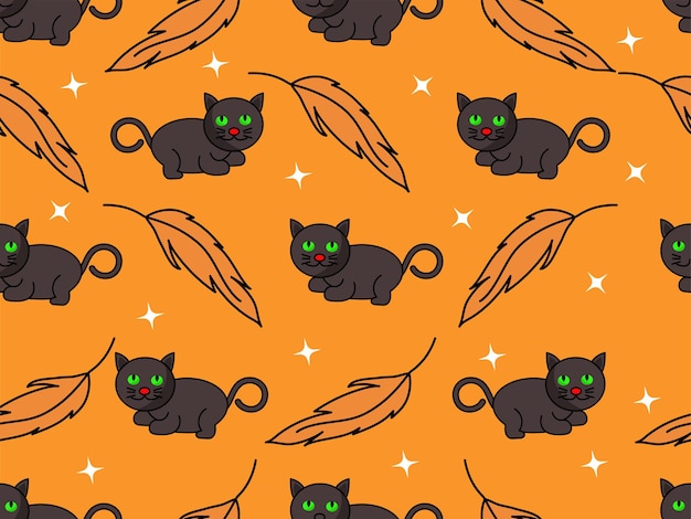 Seamless Pattern Of Cartoon Cats And Leaves On Orange Background.