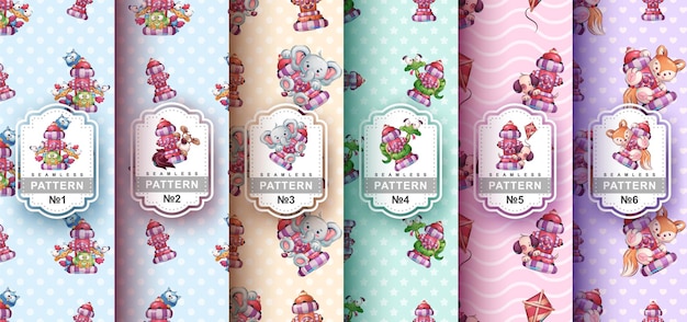 Seamless pattern cartoon character adorable animal fire hydrant