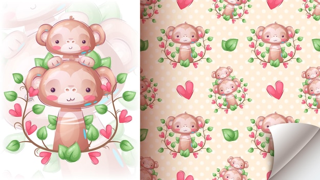 Seamless pattern cartoon character adorable monkey