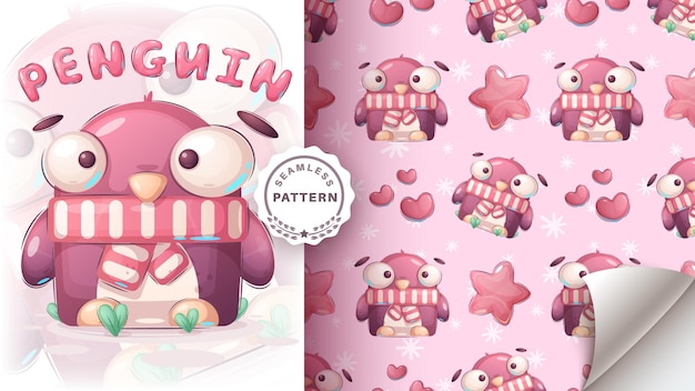 Seamless pattern cartoon character adorable penguin